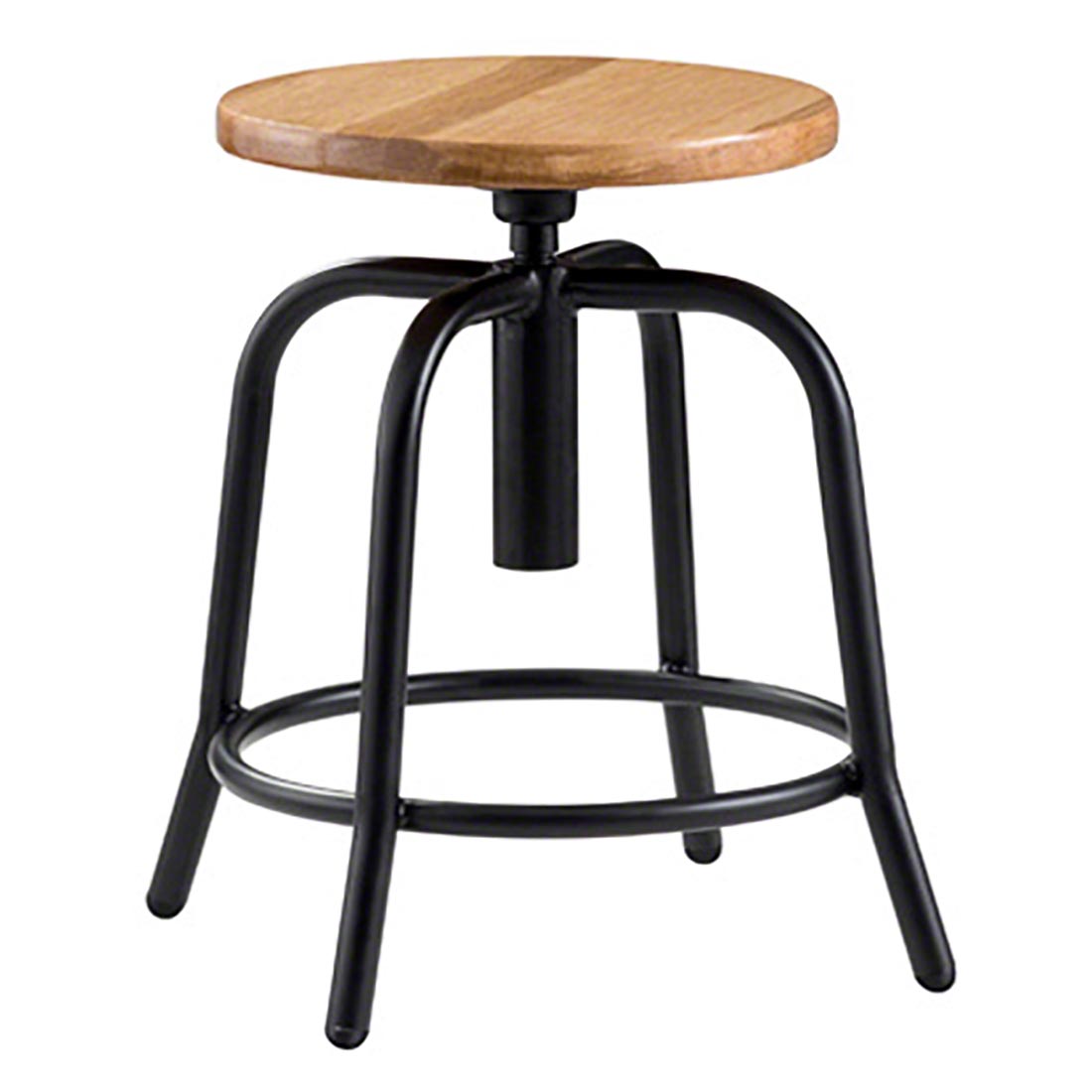 National Public Seating 19"-25" Height Adjustable Swivel Stool, Oak Wood Seat/Black Frame