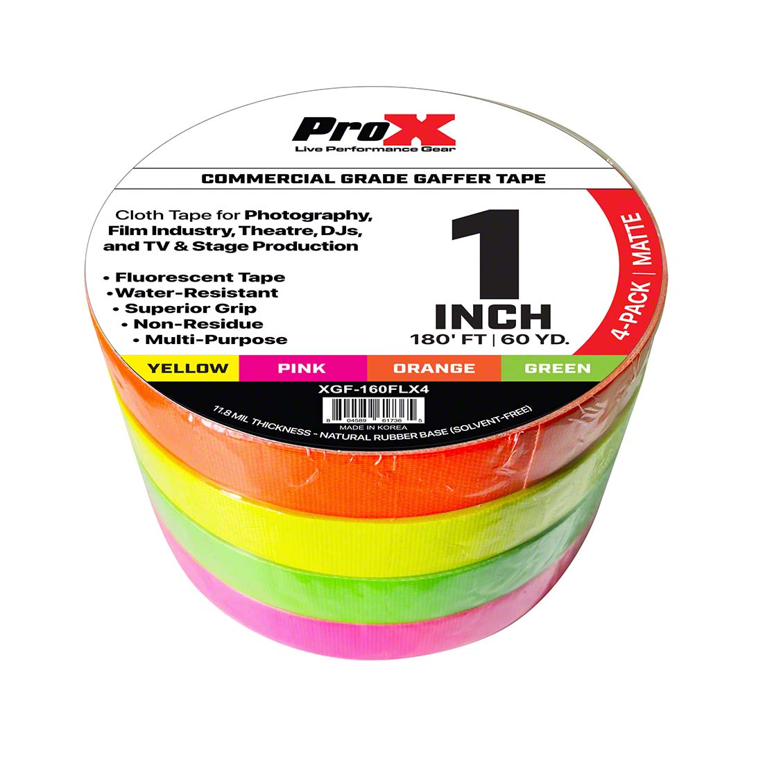ProX GaffX 1-Inch x 60-Yard Gaffers Tape, Multi-Color Fluorescent (4-Pack)